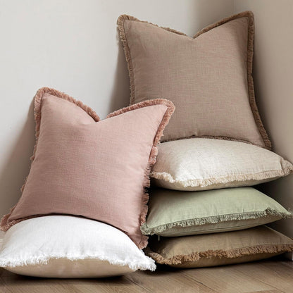 Decorative Linen Fringe Throw Pillow Covers Cozy Boho Farmhouse Cushion Cover with Tassels Soft Accent Pillowcase for Chair Sofa Bed Living Room Home Decor, 18×18 Inch, 1PC,Light Pink