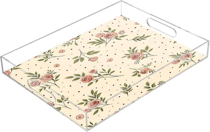 Retro Floral Pink Serving Tray 12" x 16" Acrylic Trays with Handles Decorative Serving Platter for Coffee, Breakfast in Bed, Dinner, Appetizers, Patio, Party