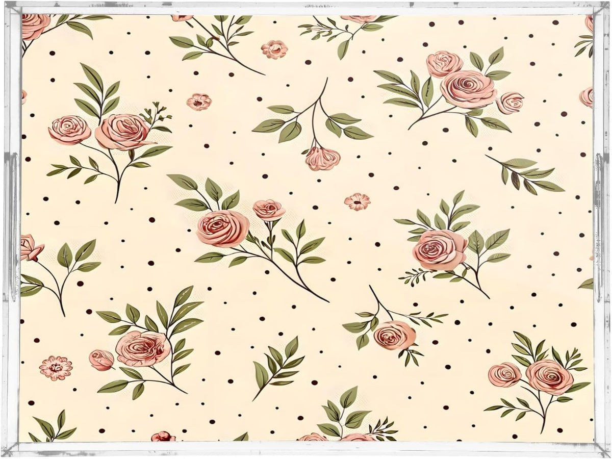 Retro Floral Pink Serving Tray 12" x 16" Acrylic Trays with Handles Decorative Serving Platter for Coffee, Breakfast in Bed, Dinner, Appetizers, Patio, Party
