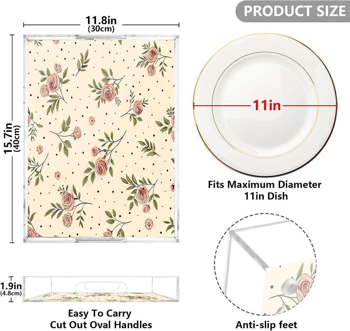 Retro Floral Pink Serving Tray 12" x 16" Acrylic Trays with Handles Decorative Serving Platter for Coffee, Breakfast in Bed, Dinner, Appetizers, Patio, Party