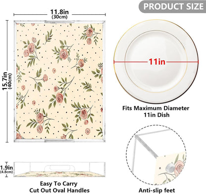 Retro Floral Pink Serving Tray 12" x 16" Acrylic Trays with Handles Decorative Serving Platter for Coffee, Breakfast in Bed, Dinner, Appetizers, Patio, Party