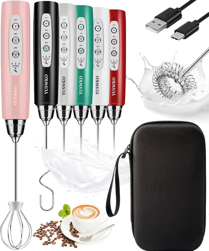 Handheld Milk Frother Wand for Coffee, Rechargeable Electric Whisk with 3 Heads 3 Speeds Drink Mixer Coffee Frother For Latte, Cappuccino, Hot Chocolate, Egg, Pink with Bag