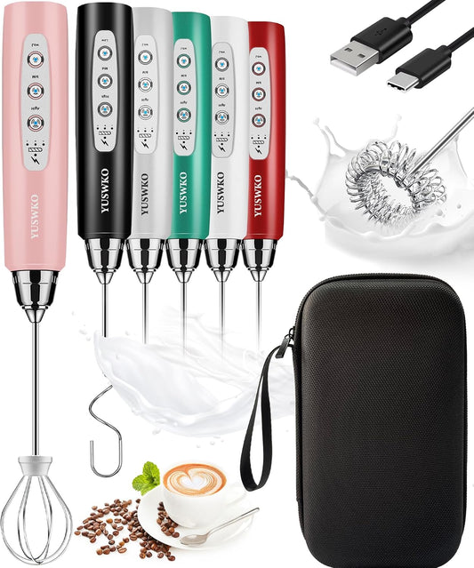 Handheld Milk Frother Wand for Coffee, Rechargeable Electric Whisk with 3 Heads 3 Speeds Drink Mixer Coffee Frother For Latte, Cappuccino, Hot Chocolate, Egg, Pink with Bag