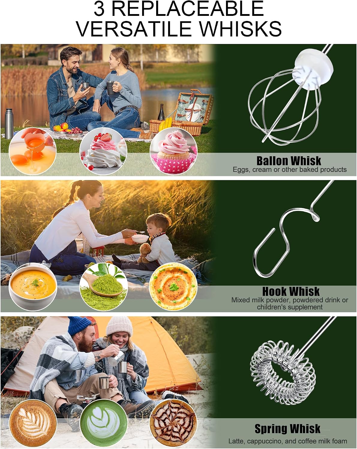 Handheld Milk Frother Wand for Coffee, Rechargeable Electric Whisk with 3 Heads 3 Speeds Drink Mixer Coffee Frother For Latte, Cappuccino, Hot Chocolate, Egg, Pink with Bag