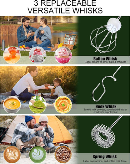Handheld Milk Frother Wand for Coffee, Rechargeable Electric Whisk with 3 Heads 3 Speeds Drink Mixer Coffee Frother For Latte, Cappuccino, Hot Chocolate, Egg, Pink with Bag