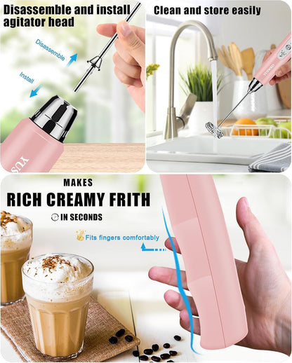 Handheld Milk Frother Wand for Coffee, Rechargeable Electric Whisk with 3 Heads 3 Speeds Drink Mixer Coffee Frother For Latte, Cappuccino, Hot Chocolate, Egg, Pink with Bag