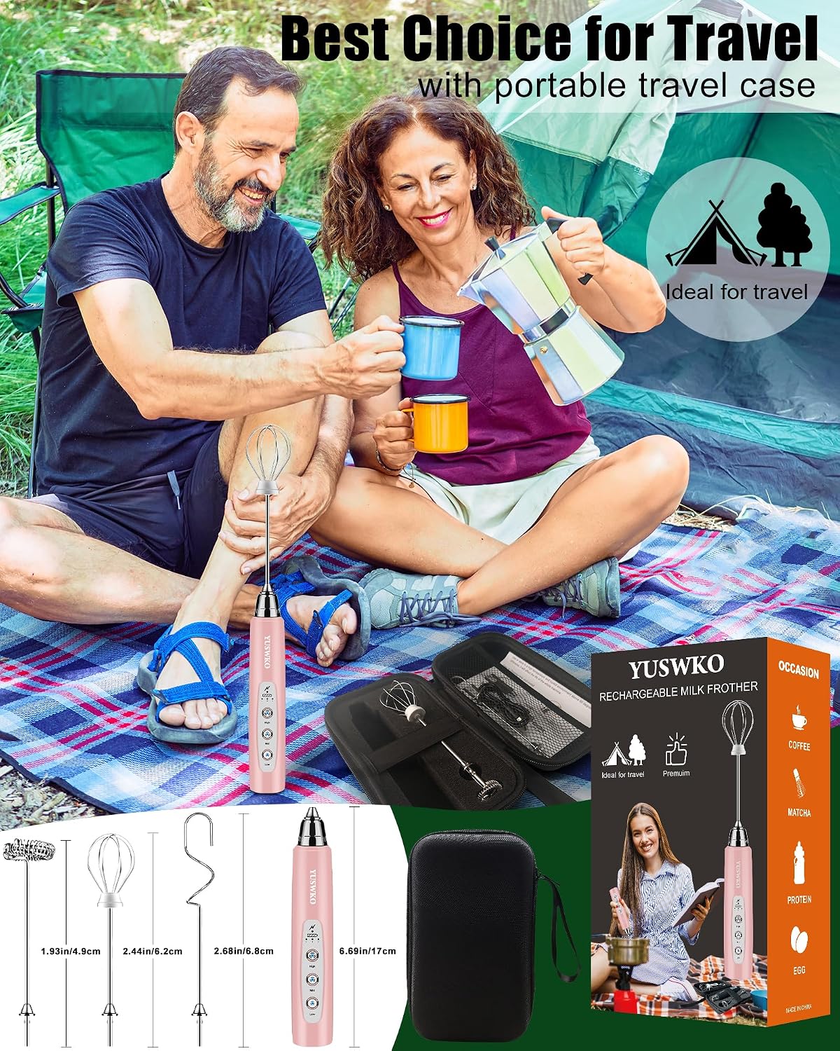Handheld Milk Frother Wand for Coffee, Rechargeable Electric Whisk with 3 Heads 3 Speeds Drink Mixer Coffee Frother For Latte, Cappuccino, Hot Chocolate, Egg, Pink with Bag
