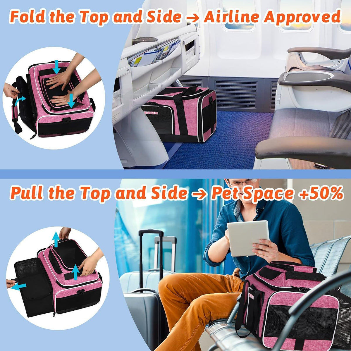 Top and Side Expandable Small Pet Carrier Airline Approved, Pink