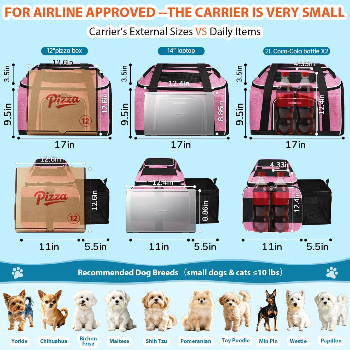 Top and Side Expandable Small Pet Carrier Airline Approved, Pink