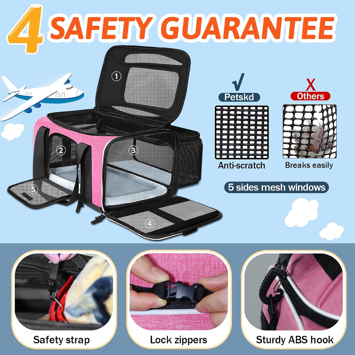 Top and Side Expandable Small Pet Carrier Airline Approved, Pink
