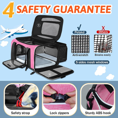 Top and Side Expandable Small Pet Carrier Airline Approved, Pink