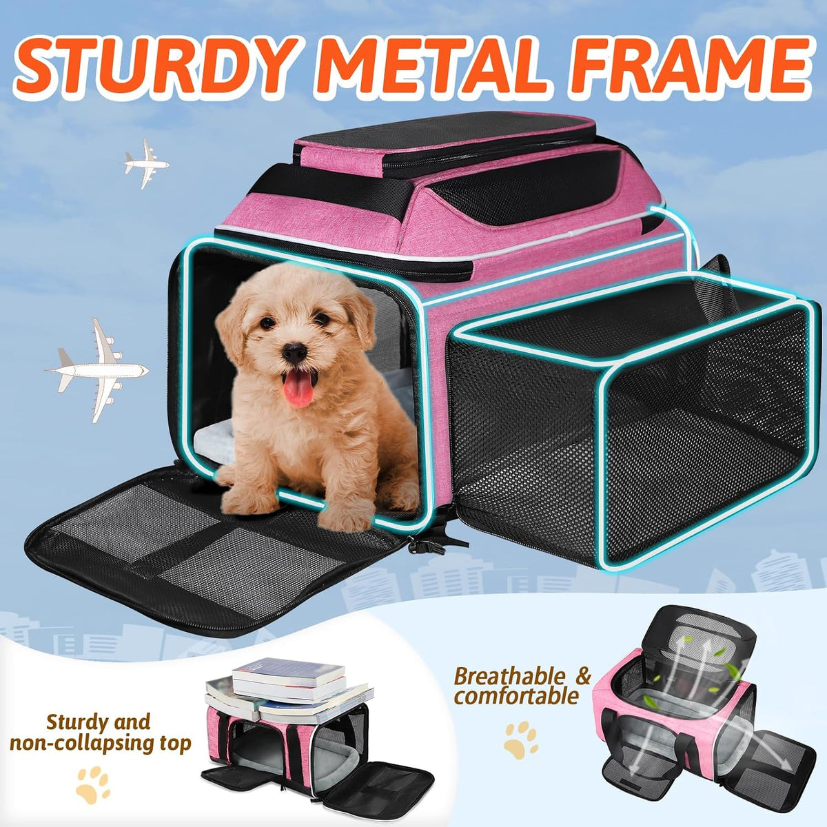 Top and Side Expandable Small Pet Carrier Airline Approved, Pink