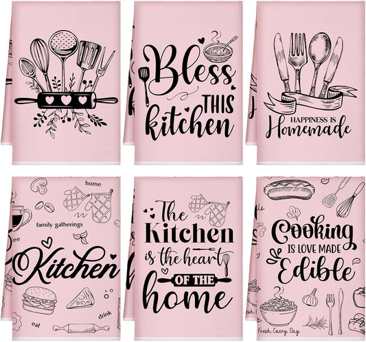 6 Pcs Pink Kitchen Towels Decorative Sets Dish Towels Absorbent Fast Drying Hand Tea Vintage Hanging Reusable Cleaning Dishcloths for Cooking Farmhouse Bathroom Accessory