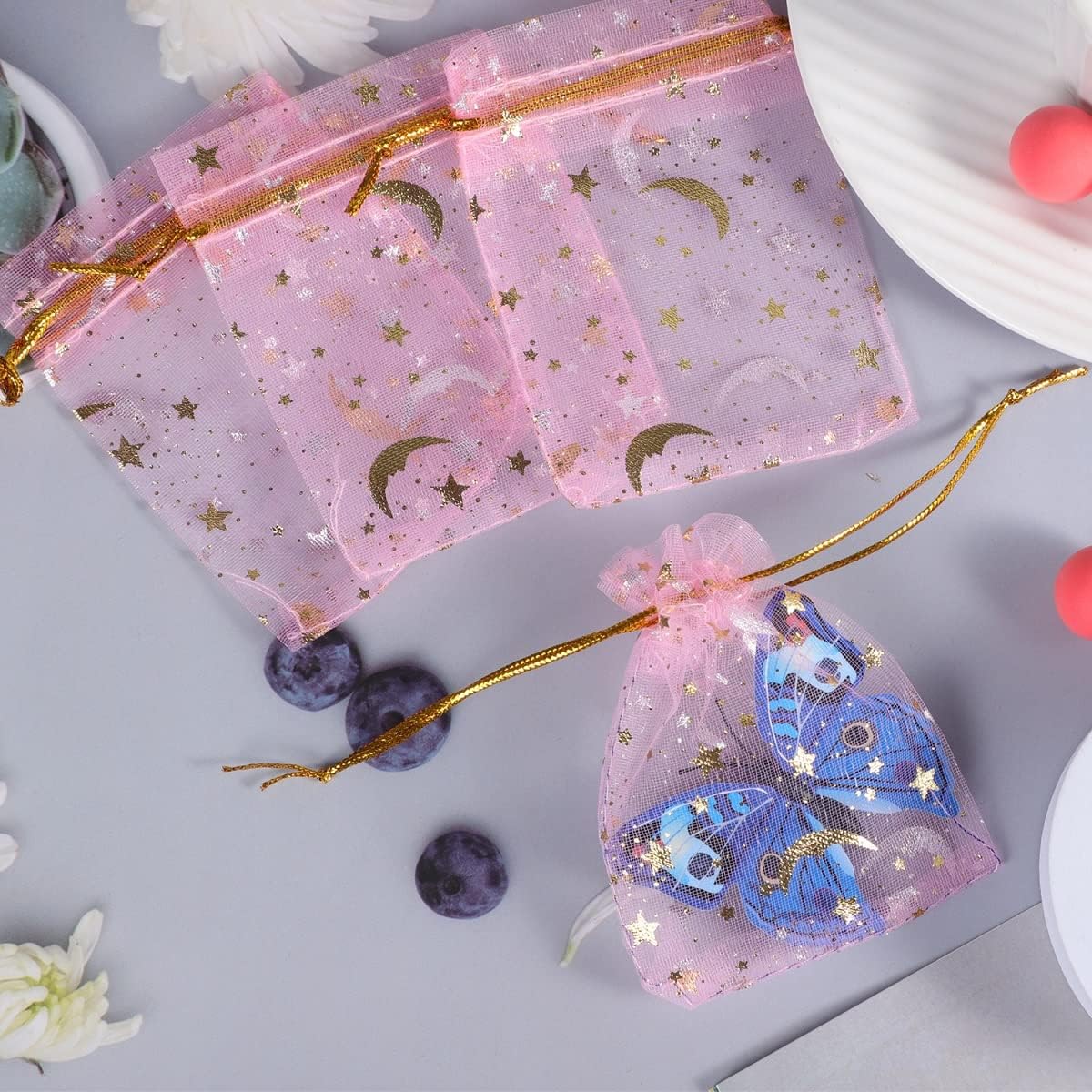 100 Pieces Moon Star Organza Jewelry Candy Bags 2.7x3.5 Inch