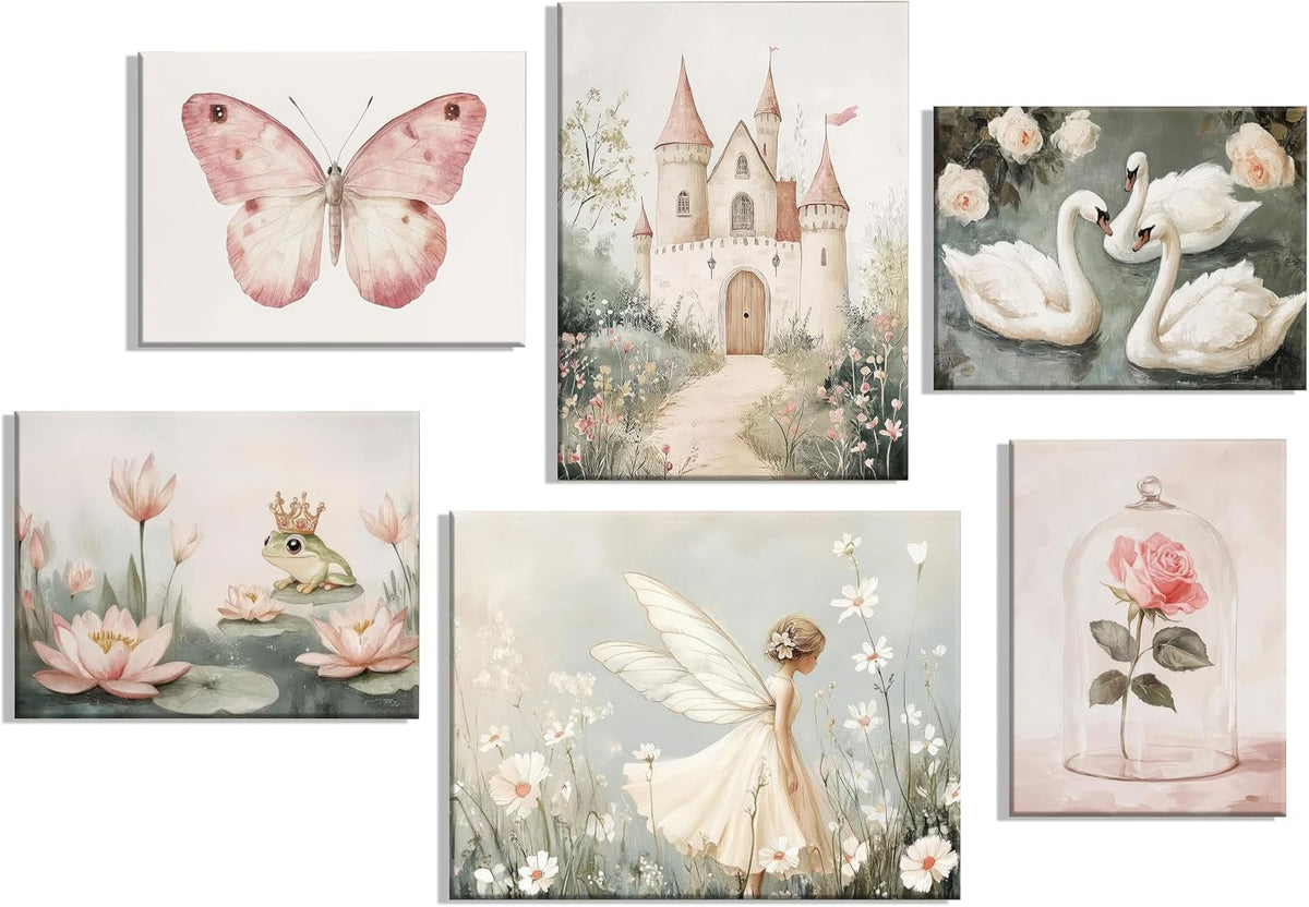 Coquette Wall Art Pastel Pink Trendy Posters Wall Decor White Swan Butterfly Frog Painting Pictures Castle Elf Aesthetic Floral Canvas Prints for Nursery Teen Girls Bedroom College Dorm Framed