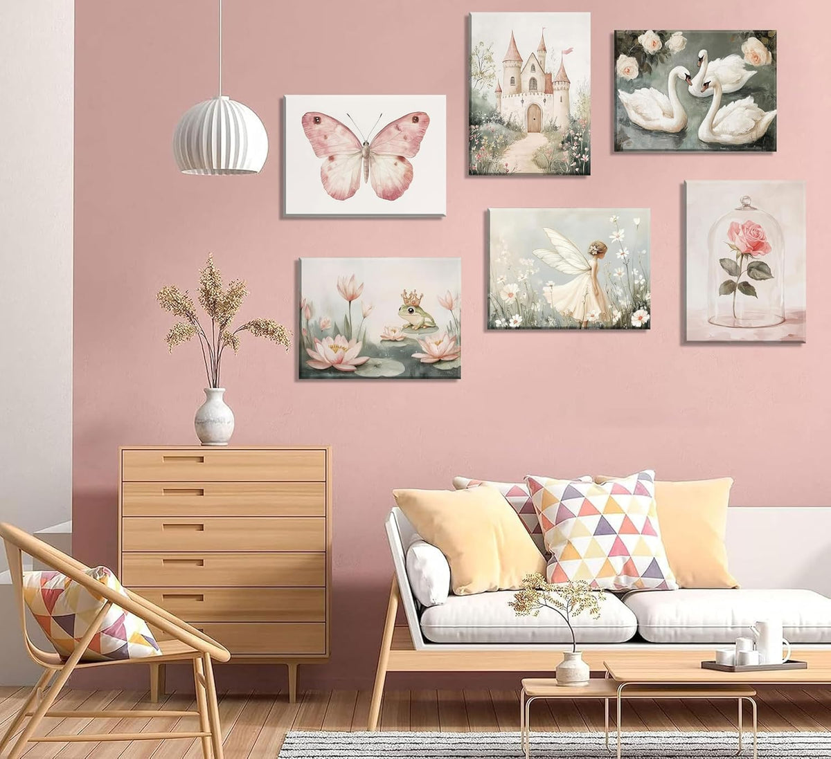 Coquette Wall Art Pastel Pink Trendy Posters Wall Decor White Swan Butterfly Frog Painting Pictures Castle Elf Aesthetic Floral Canvas Prints for Nursery Teen Girls Bedroom College Dorm Framed