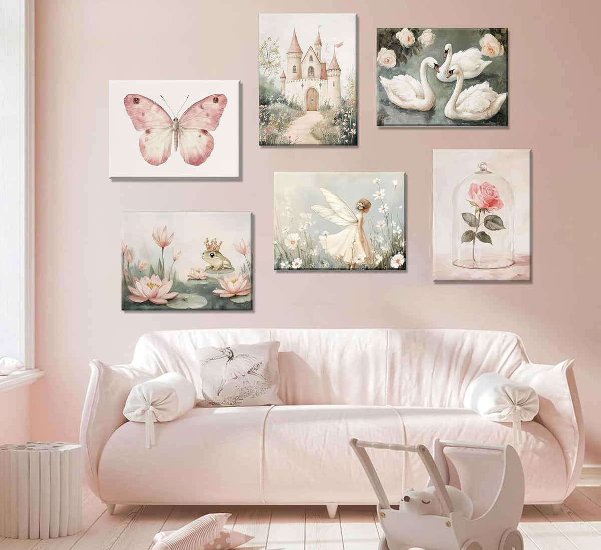 Coquette Wall Art Pastel Pink Trendy Posters Wall Decor White Swan Butterfly Frog Painting Pictures Castle Elf Aesthetic Floral Canvas Prints for Nursery Teen Girls Bedroom College Dorm Framed