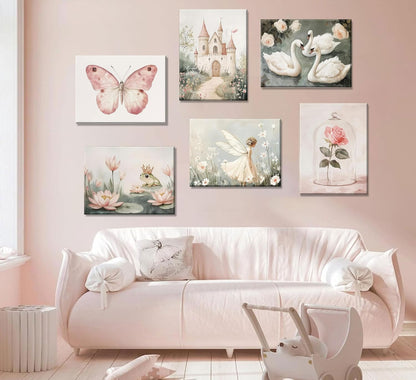 Coquette Wall Art Pastel Pink Trendy Posters Wall Decor White Swan Butterfly Frog Painting Pictures Castle Elf Aesthetic Floral Canvas Prints for Nursery Teen Girls Bedroom College Dorm Framed