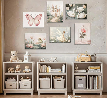 Coquette Wall Art Pastel Pink Trendy Posters Wall Decor White Swan Butterfly Frog Painting Pictures Castle Elf Aesthetic Floral Canvas Prints for Nursery Teen Girls Bedroom College Dorm Framed