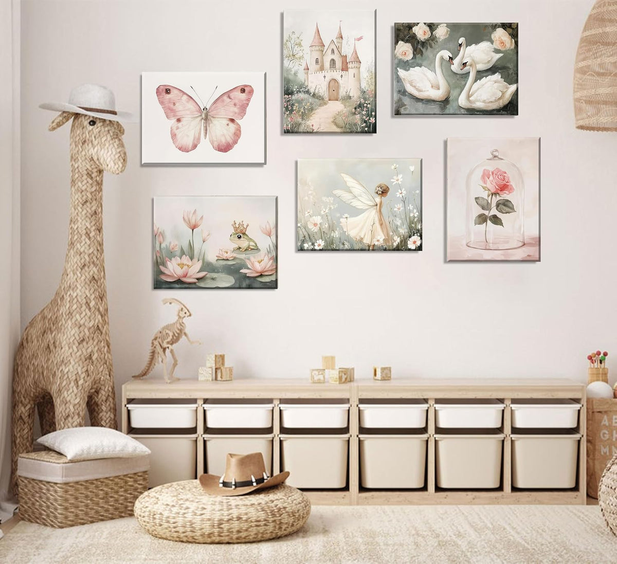 Coquette Wall Art Pastel Pink Trendy Posters Wall Decor White Swan Butterfly Frog Painting Pictures Castle Elf Aesthetic Floral Canvas Prints for Nursery Teen Girls Bedroom College Dorm Framed