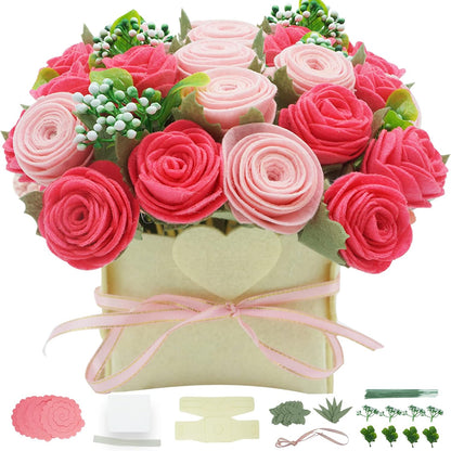 DIY Felt Flower Kit, Pink Rose Bouquet Kit, Floral Gifts - Arrange Pre-Cut Flowers and Foliage