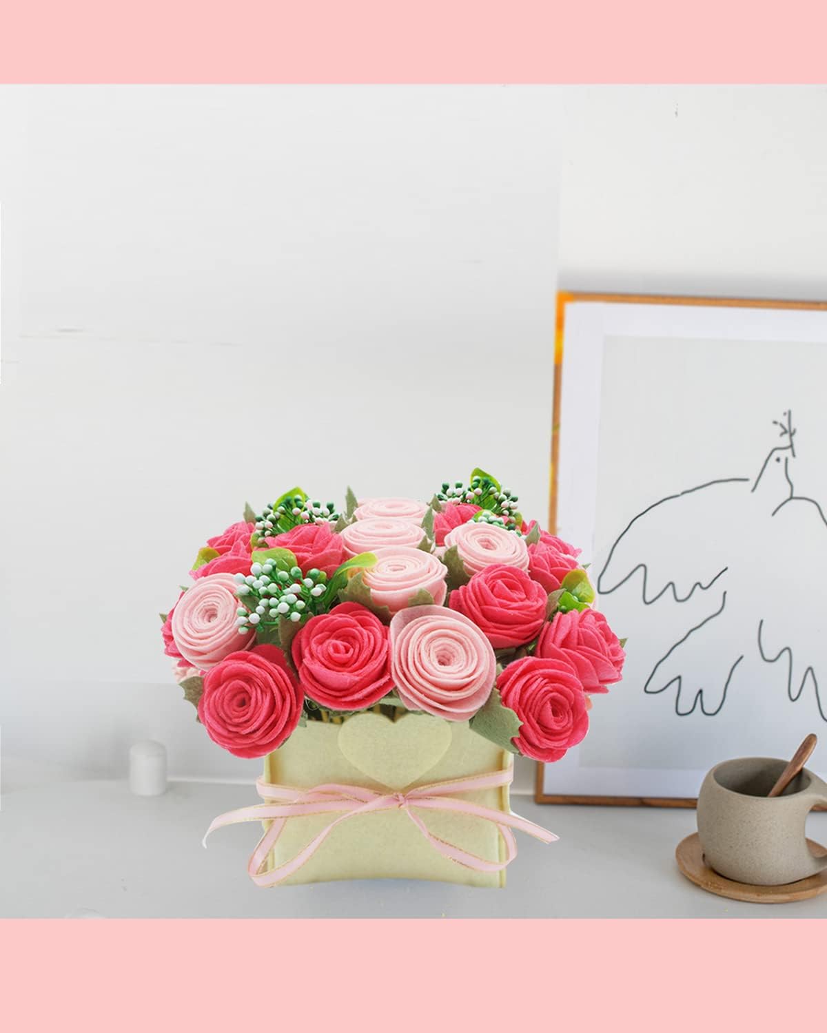 DIY Felt Flower Kit, Pink Rose Bouquet Kit, Floral Gifts - Arrange Pre-Cut Flowers and Foliage