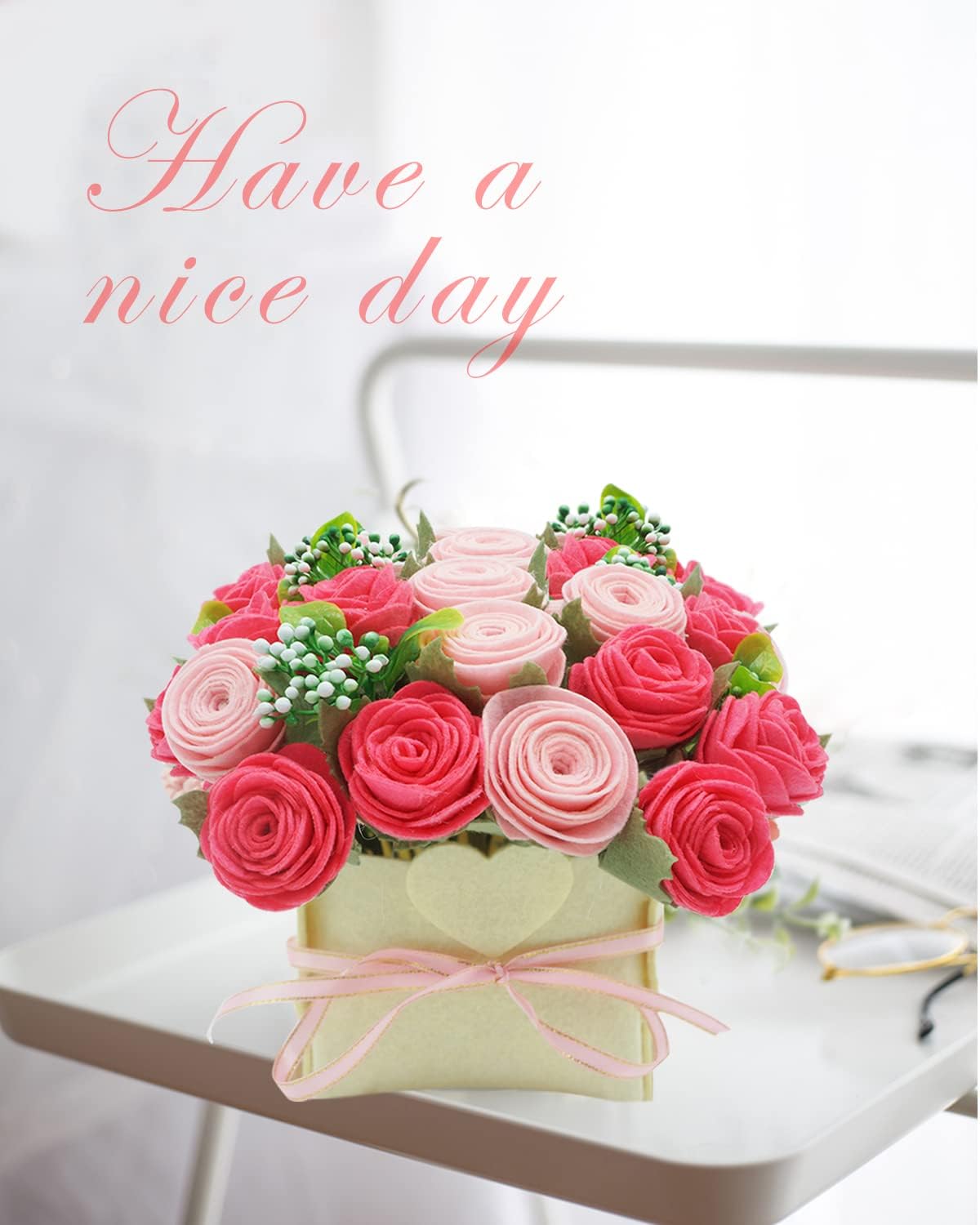 DIY Felt Flower Kit, Pink Rose Bouquet Kit, Floral Gifts - Arrange Pre-Cut Flowers and Foliage