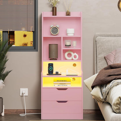 Tall Pink Night Stand with Drawers and LED Lights