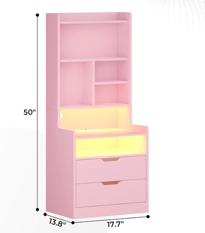 Tall Pink Night Stand with Drawers and LED Lights