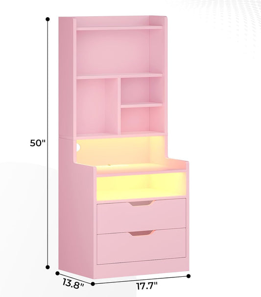 Tall Pink Night Stand with Drawers and LED Lights