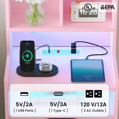 Tall Pink Night Stand with Drawers and LED Lights