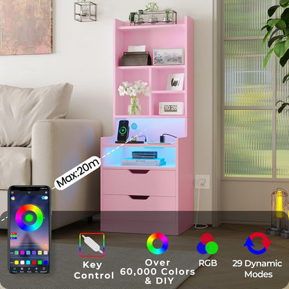 Tall Pink Night Stand with Drawers and LED Lights