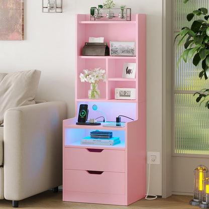 Tall Pink Night Stand with Drawers and LED Lights