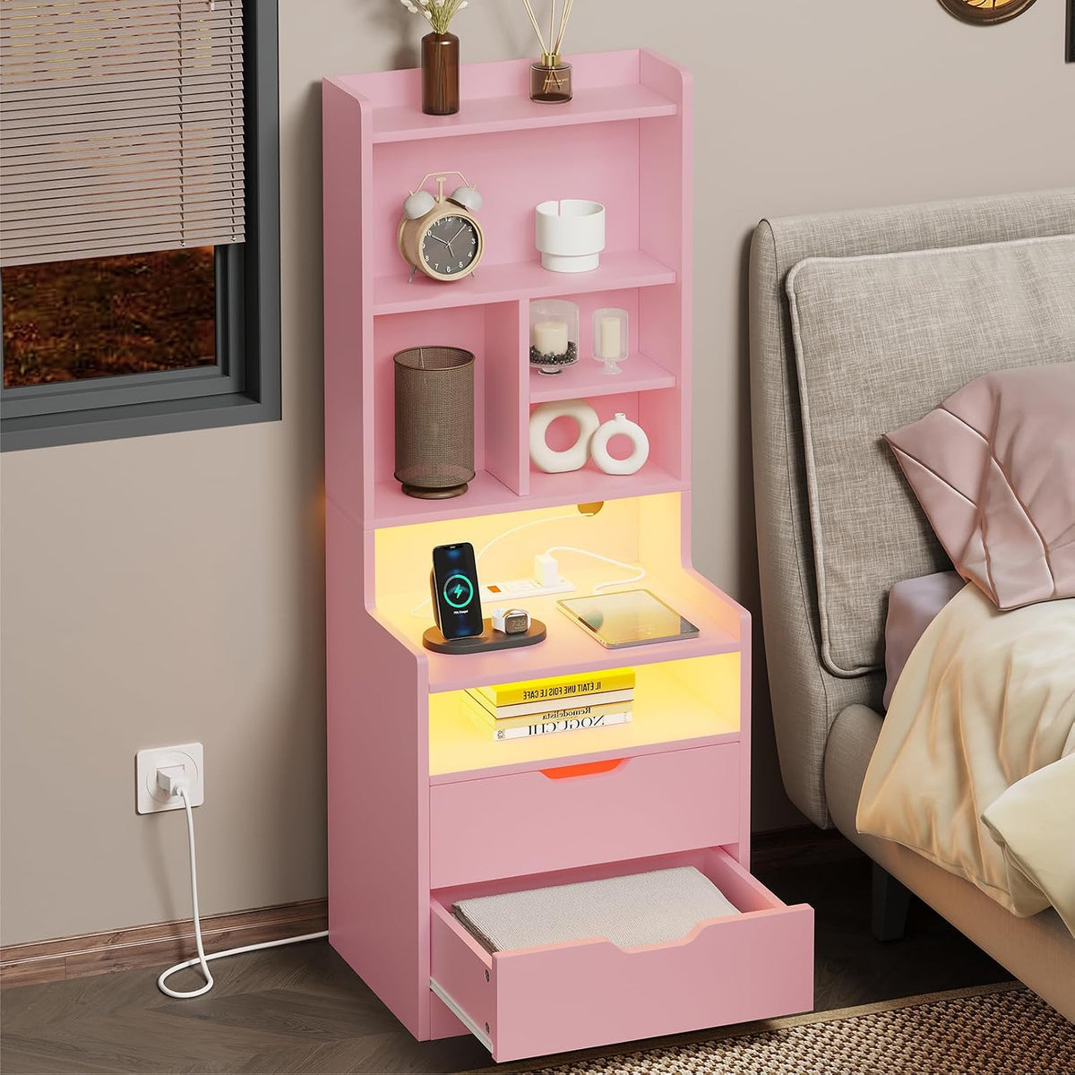 Tall Pink Night Stand with Drawers and LED Lights