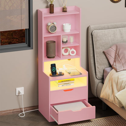 Tall Pink Night Stand with Drawers and LED Lights