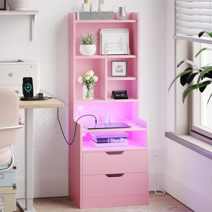 Tall Pink Night Stand with Drawers and LED Lights