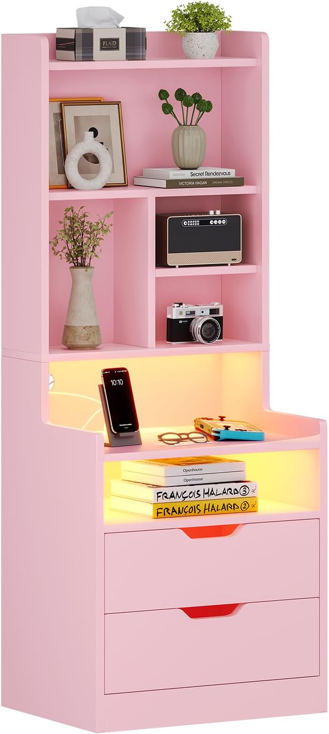 Tall Pink Night Stand with Drawers and LED Lights