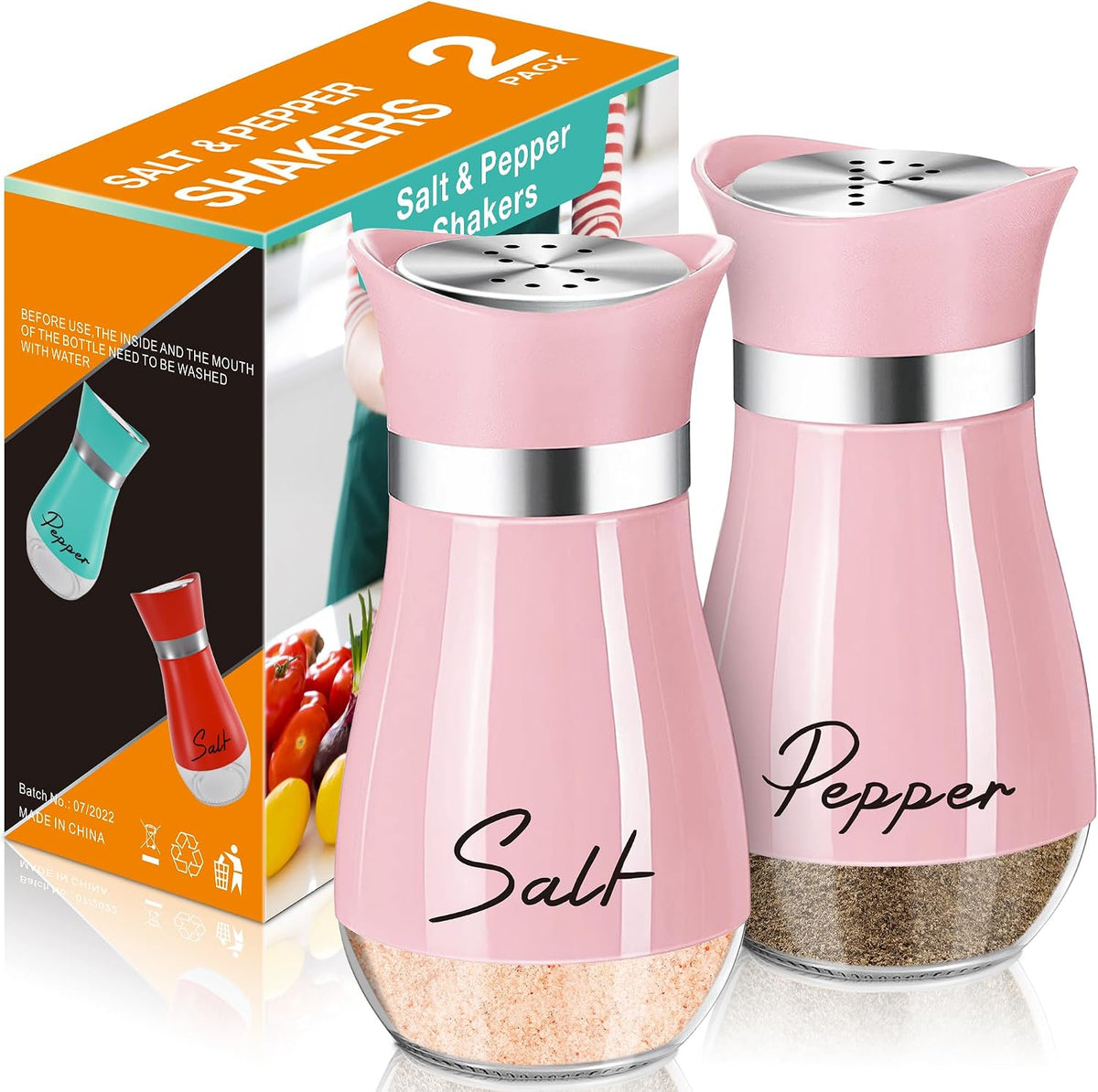 Salt and Pepper Shakers - 4 oz Pink Glass Set with Stainless Steel Lids