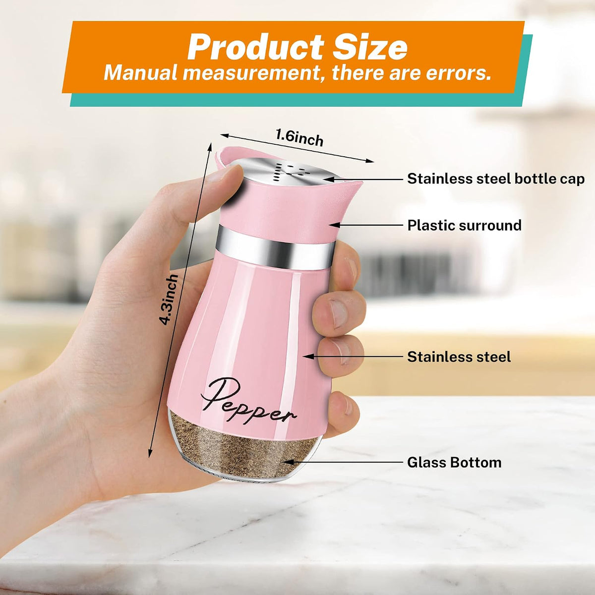 Salt and Pepper Shakers - 4 oz Pink Glass Set with Stainless Steel Lids