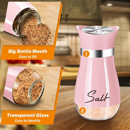 Salt and Pepper Shakers - 4 oz Pink Glass Set with Stainless Steel Lids