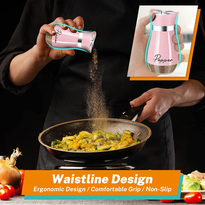 Salt and Pepper Shakers - 4 oz Pink Glass Set with Stainless Steel Lids