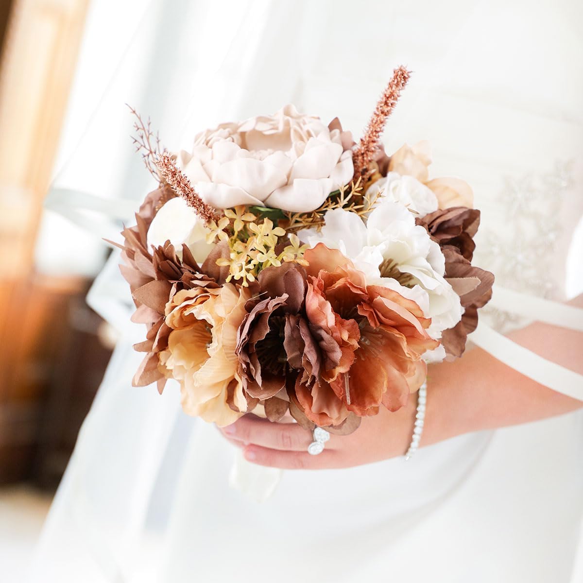 Wedding Bouquets for Bride Bridesmaid Artificial Peony Flower Bouquet Romantic Bridal Bouquet for Wedding Party Church Home Decoration (Orange Pink Tones)