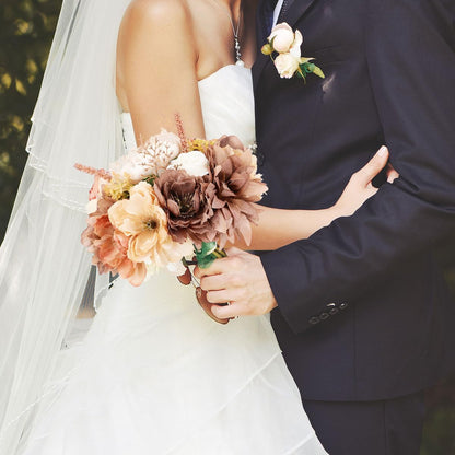 Wedding Bouquets for Bride Bridesmaid Artificial Peony Flower Bouquet Romantic Bridal Bouquet for Wedding Party Church Home Decoration (Orange Pink Tones)
