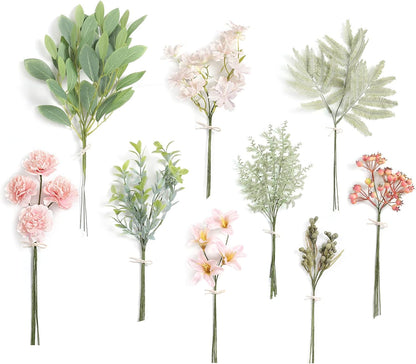 Artificial Greenery Stems Box Set,(Pack of 47pcs) with 9 Kinds of Faux Pink Green Filler for DIY Bridal Bouquets Wedding Floral Arrangement Table Centerpieces