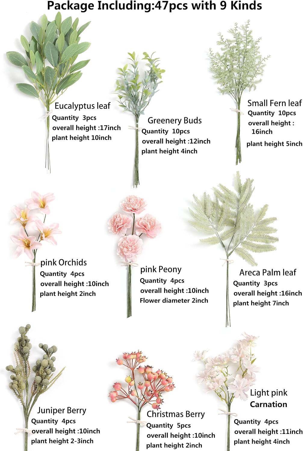 Artificial Greenery Stems Box Set,(Pack of 47pcs) with 9 Kinds of Faux Pink Green Filler for DIY Bridal Bouquets Wedding Floral Arrangement Table Centerpieces