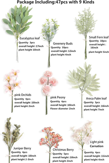 Artificial Greenery Stems Box Set,(Pack of 47pcs) with 9 Kinds of Faux Pink Green Filler for DIY Bridal Bouquets Wedding Floral Arrangement Table Centerpieces