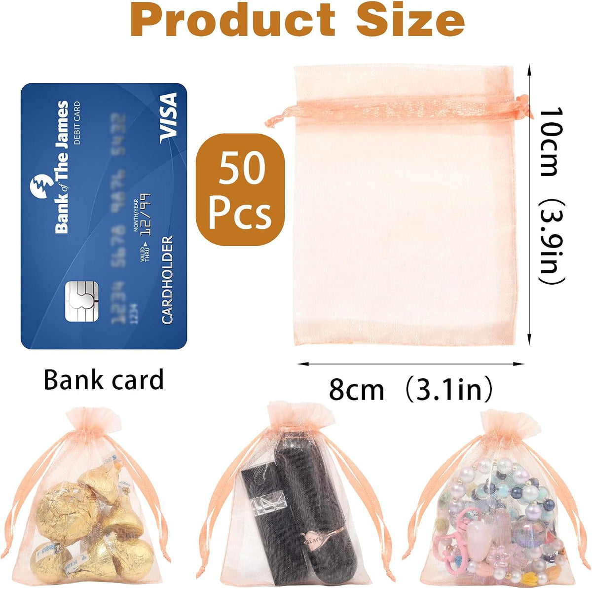 50Pcs Blush Peach Organza Bags,3x4 Inch Small Mesh Drawstring Bags