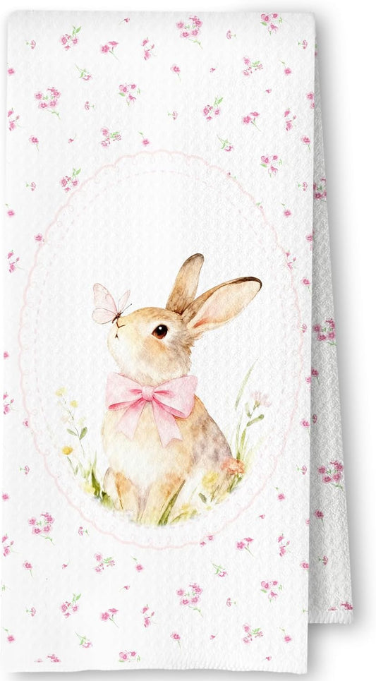 Coquette Pink Bow Easter Bunny Kitchen Towels, Bunny Lover Gifts Dish Tea Towels for Kitchen Decor, Spring Cottagecore Floral Rabbit Decorative Hand Towel for Bathroom, 16x24 Inch