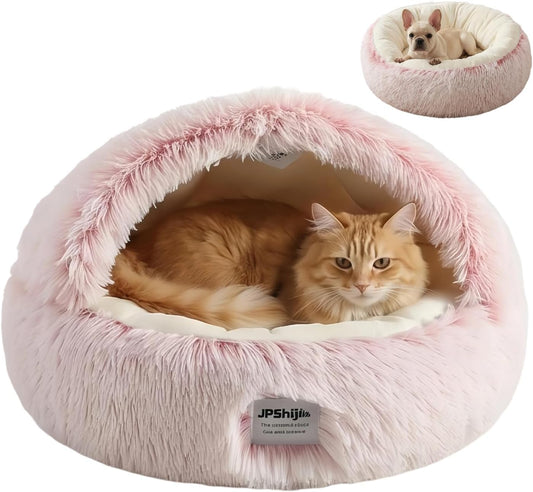 Cozy Zipper Convertible Cat Bed Cave, 2 in 1 Round Plush Donut Dog Bed with Removable Hood, Warm Fuzzy Enclosed Pet Nest Bed for Small Dogs Kittens, Machine Washable (Pink, 19.7 in Small Size)