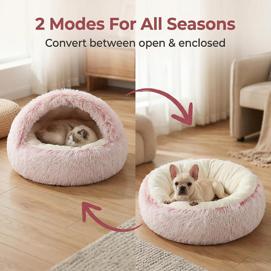 Cozy Zipper Convertible Cat Bed Cave, 2 in 1 Round Plush Donut Dog Bed with Removable Hood, Warm Fuzzy Enclosed Pet Nest Bed for Small Dogs Kittens, Machine Washable (Pink, 19.7 in Small Size)